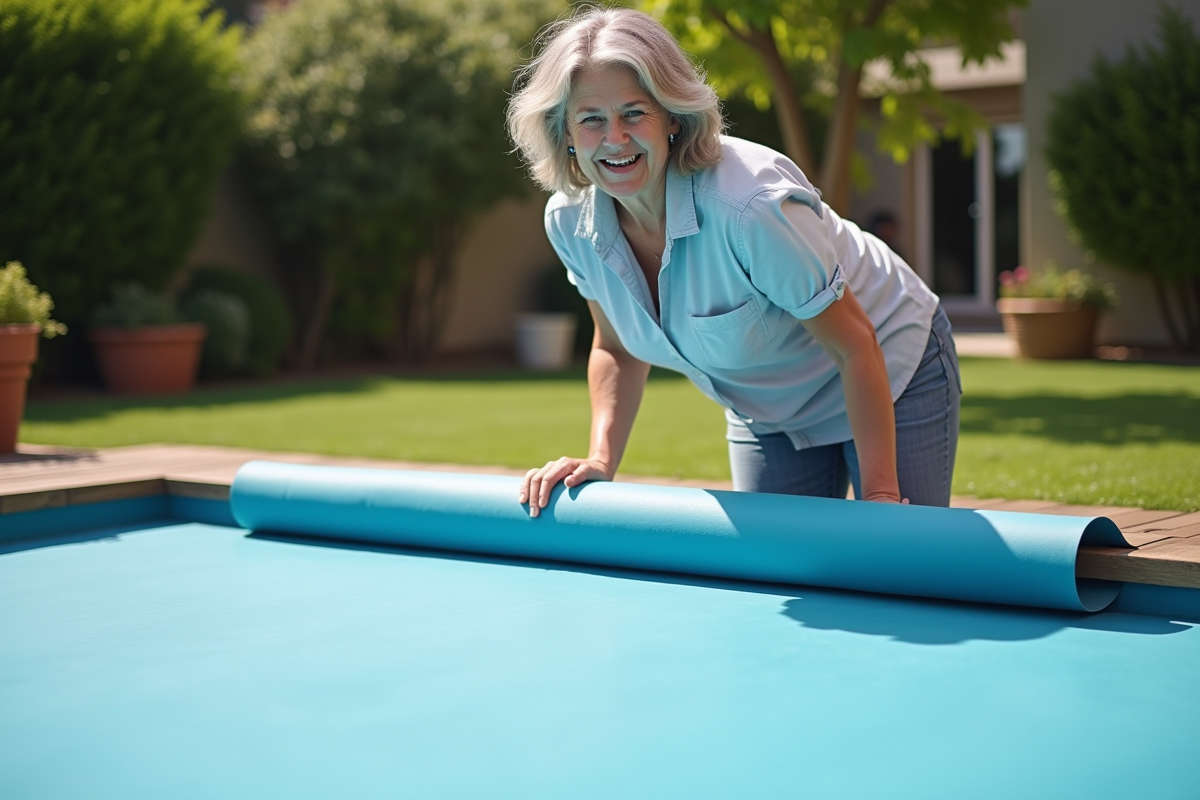 Femme souriante posant près d'une piscine en plein air