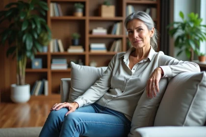 Femme d'&acirc;ge moyen testant la fermet&eacute; d'un canap&eacute; moderne