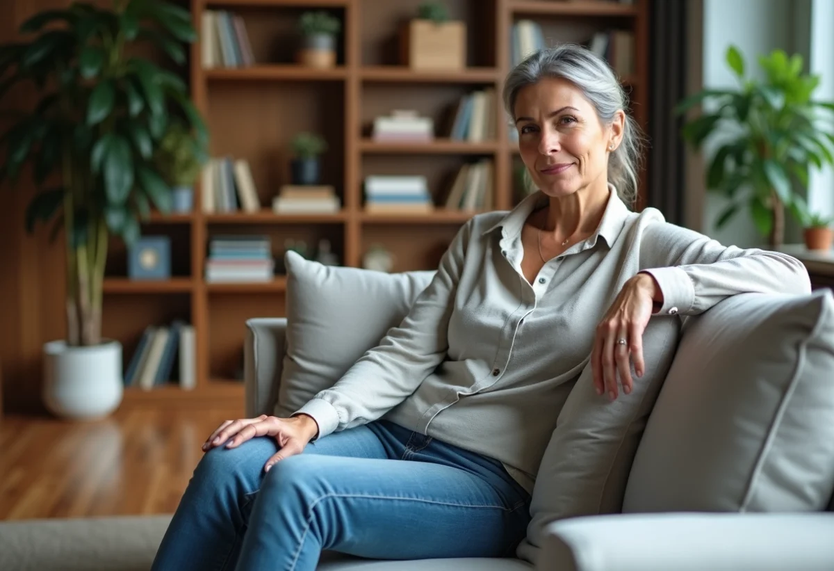 Femme d'âge moyen testant la fermeté d'un canapé moderne