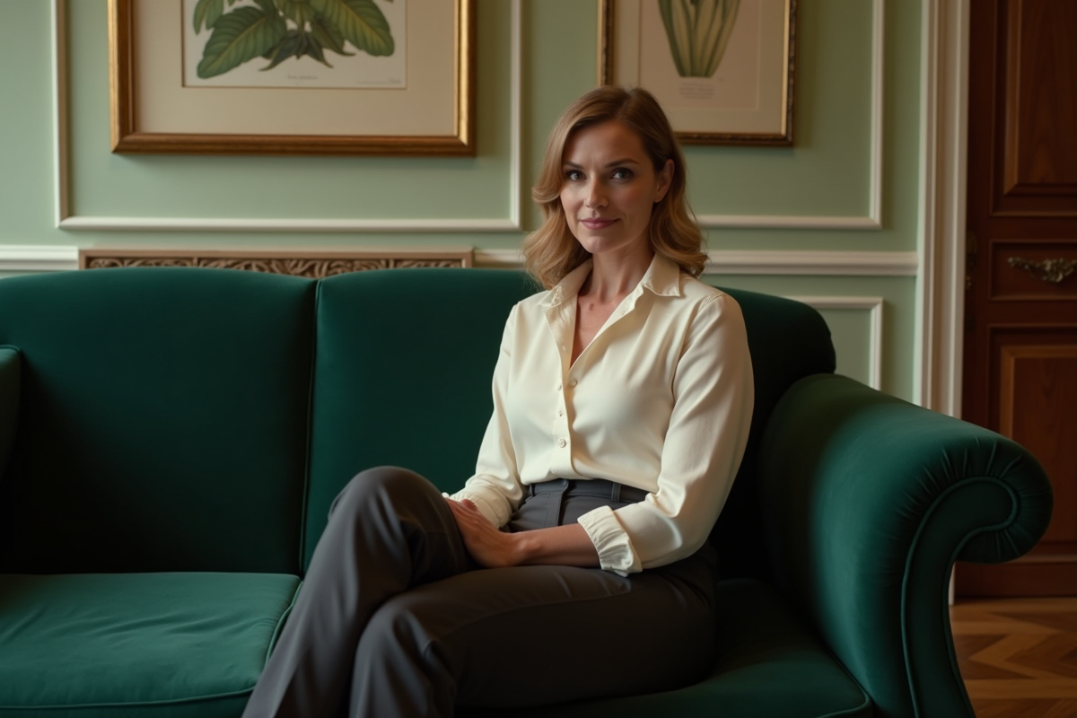 Femme élégante assise sur un canapé en velours vert