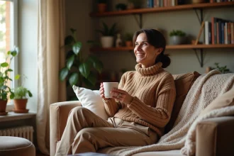 Femme souriante dans un salon chaleureux et cosy