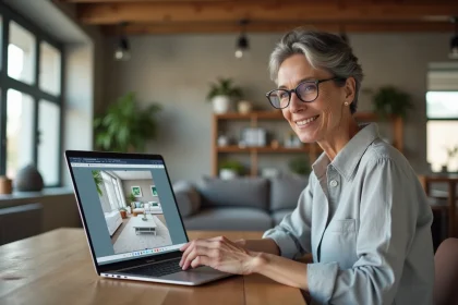 Femme utilisant un simulateur de décoration intérieure sur ordinateur portable pour planifier des travaux de rénovation