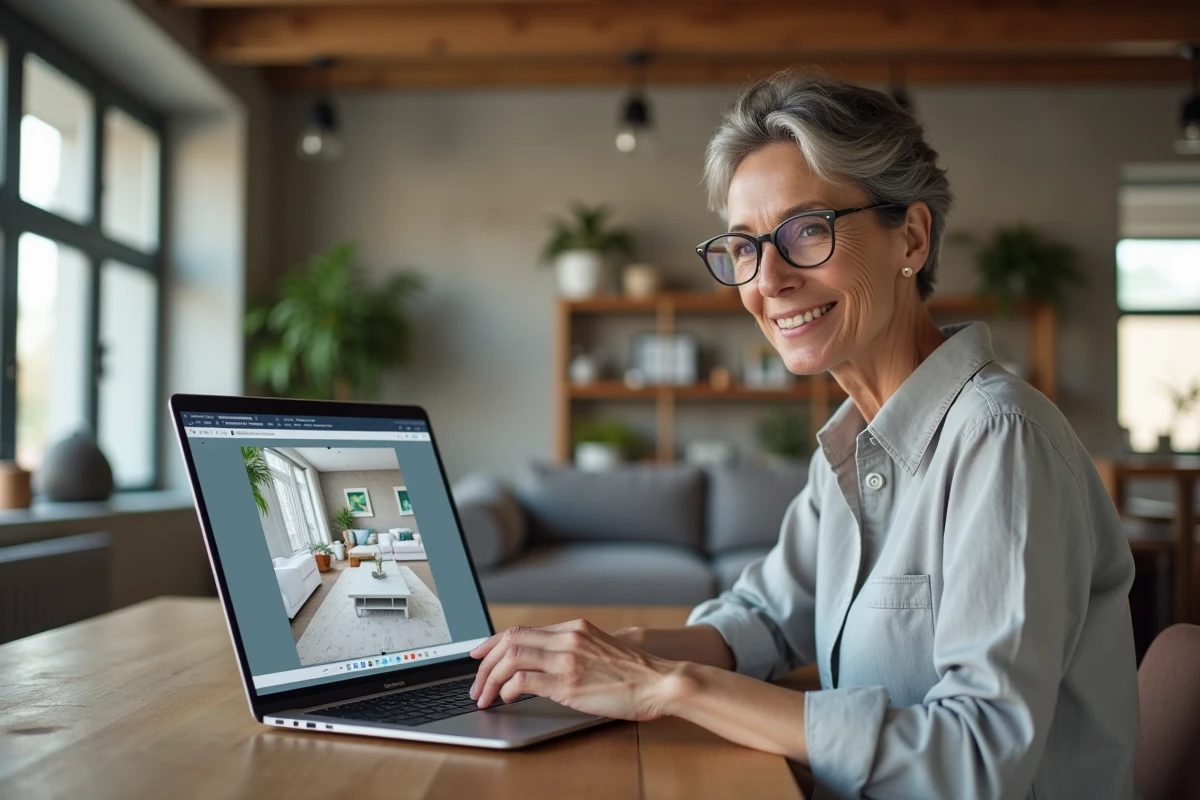 Femme utilisant un simulateur de décoration intérieure sur ordinateur portable pour planifier des travaux de rénovation