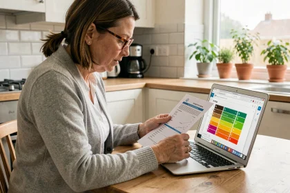 Femme consultant un simulateur DPE sur ordinateur portable avec des documents immobiliers sur une table en bois
