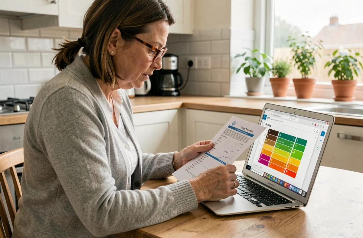 Femme consultant un simulateur DPE sur ordinateur portable avec des documents immobiliers sur une table en bois