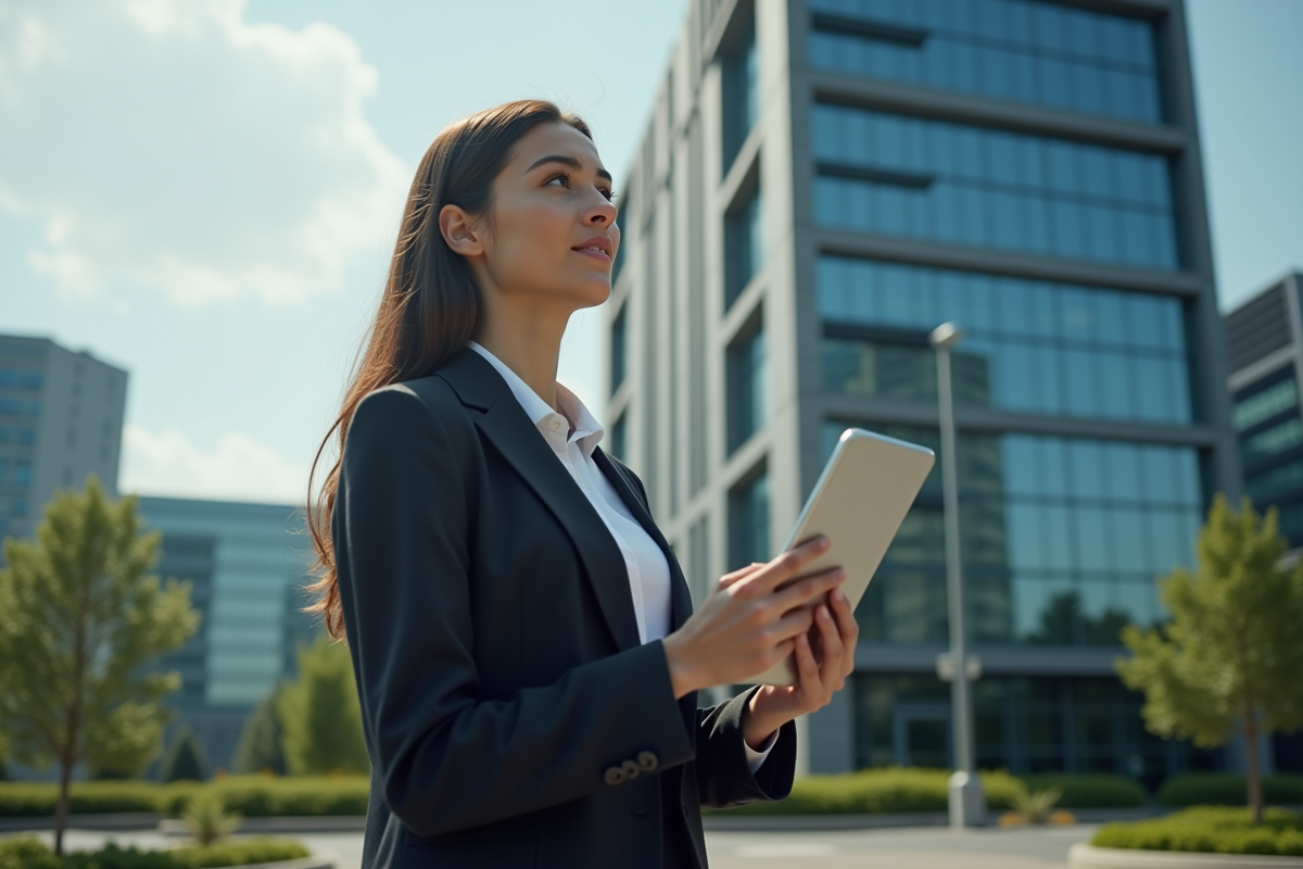 Jeune femme d affaires avec tablette devant un bâtiment solaire urbain