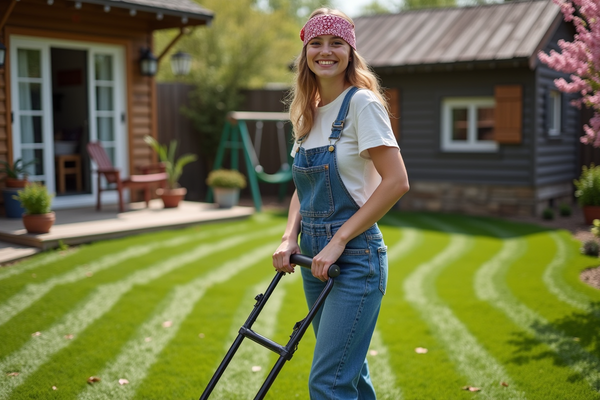 Jeune femme souriante avec tondeuse manuelle printemps