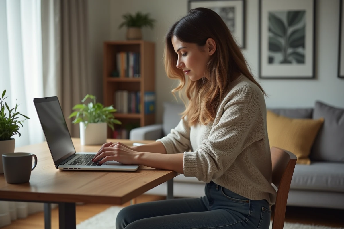 Femme concentrée travaillant sur son ordinateur à la maison