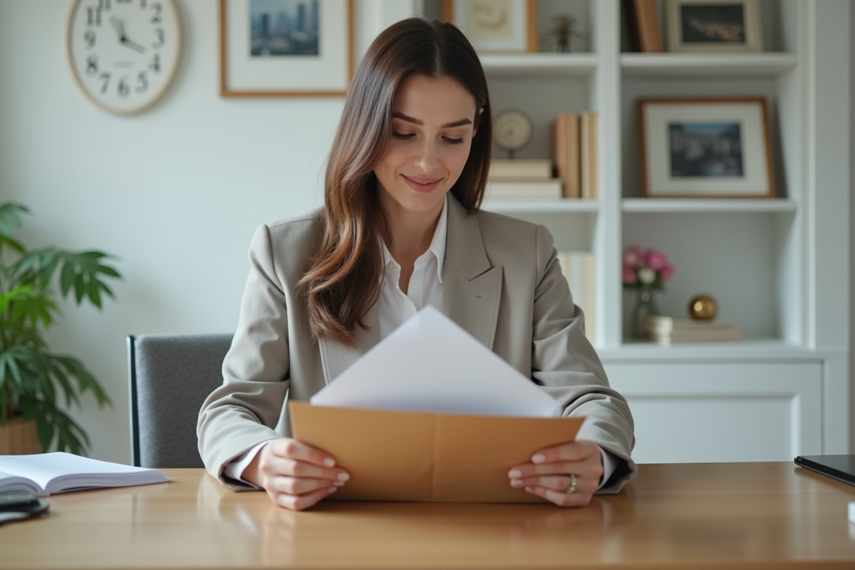 Femme organisant du courrier dans un bureau à domicile