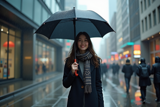 Jeune femme avec parapluie inversé dans la ville sous la pluie