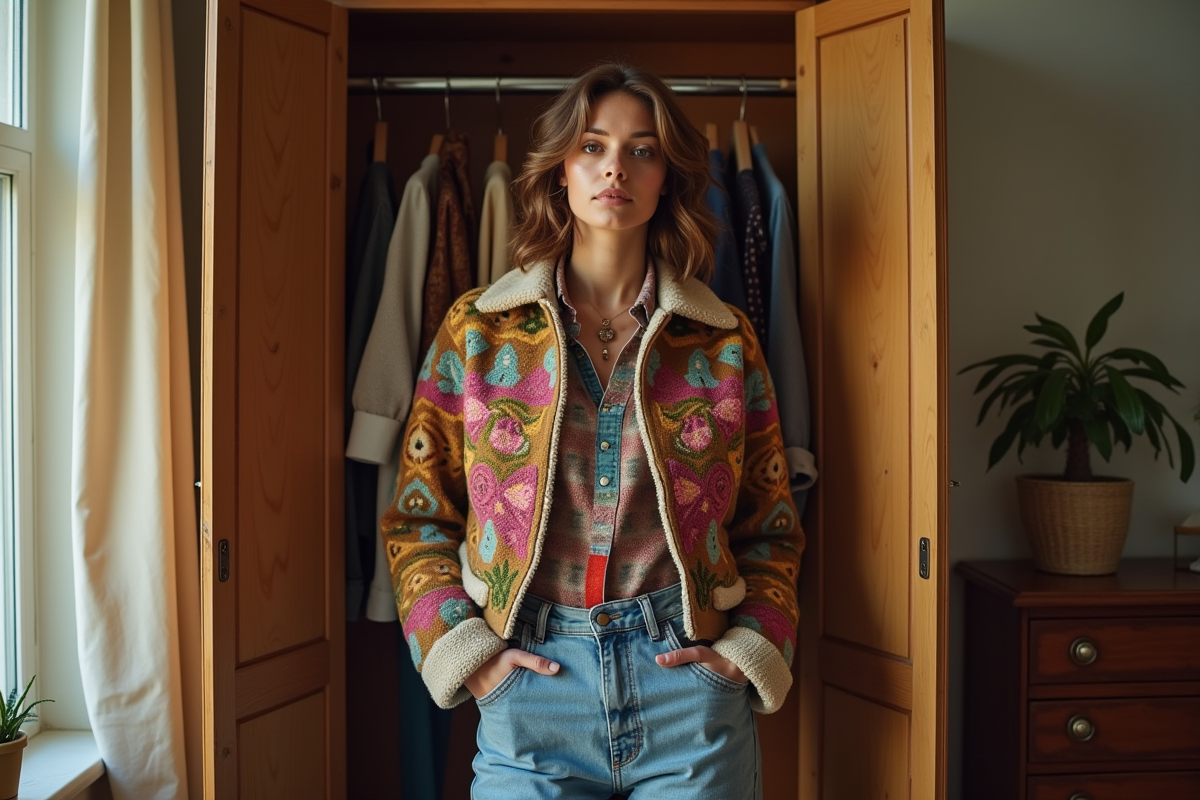 Femme en veste colorée et jean haut taille près d'une armoire vintage