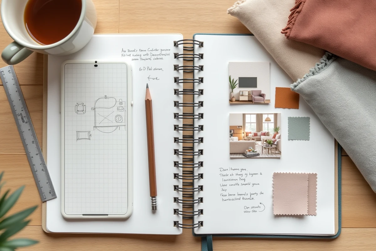 Vue aérienne d'un bureau préparant un rendez-vous décorateur avec application mobile, carnet de notes et échantillons de tissu