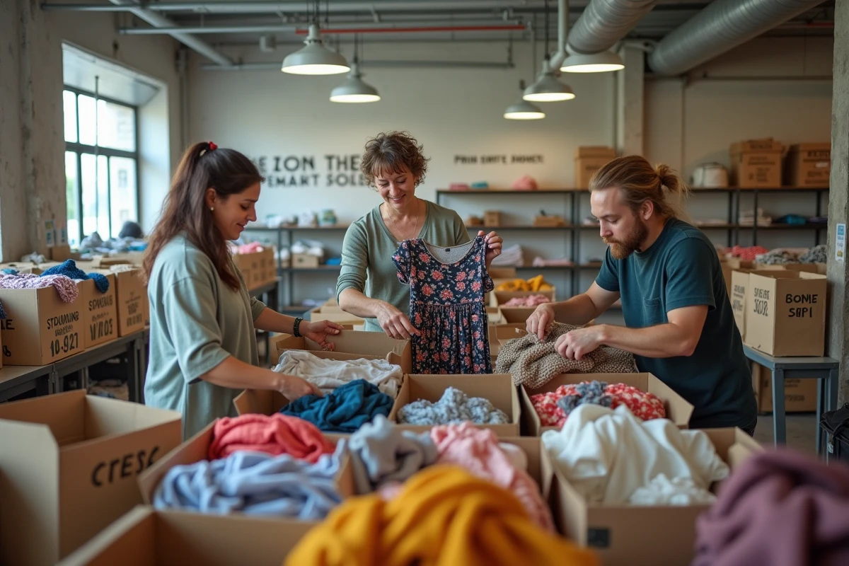 Bénévoles triant des vêtements donnés dans une friperie solidaire, ambiance associative avec étagères métalliques et cartons de dons