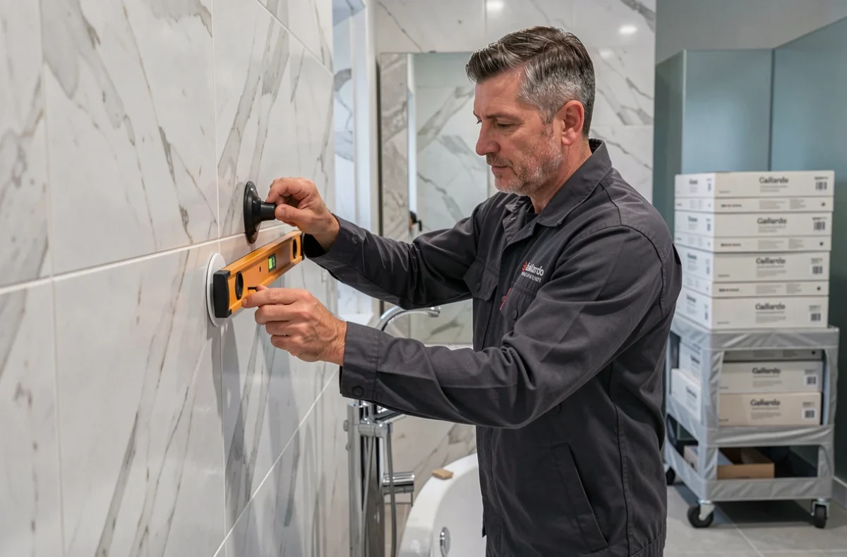 Professionnel de Gallardo posant des carreaux effet marbre grand format dans une salle de bain haut de gamme de l'Hérault