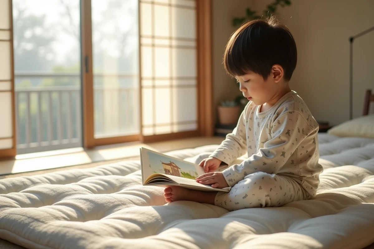 Garçon lisant un livre sur un matelas latex japonais