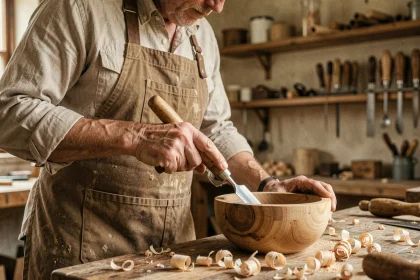 Artisan menuisier utilisant une gouge à bois ergonomique pour sculpter un bol en bois dans un atelier traditionnel, démontrant une prise en main confortable pour soulager les poignets