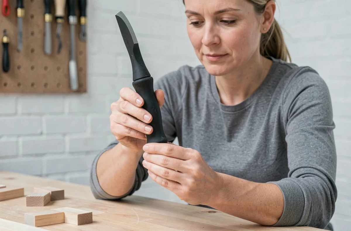 Femme artisane examinant le manche ergonomique d'une gouge à bois conçue pour réduire la fatigue des poignets et des avant-bras lors de longues sessions de sculpture