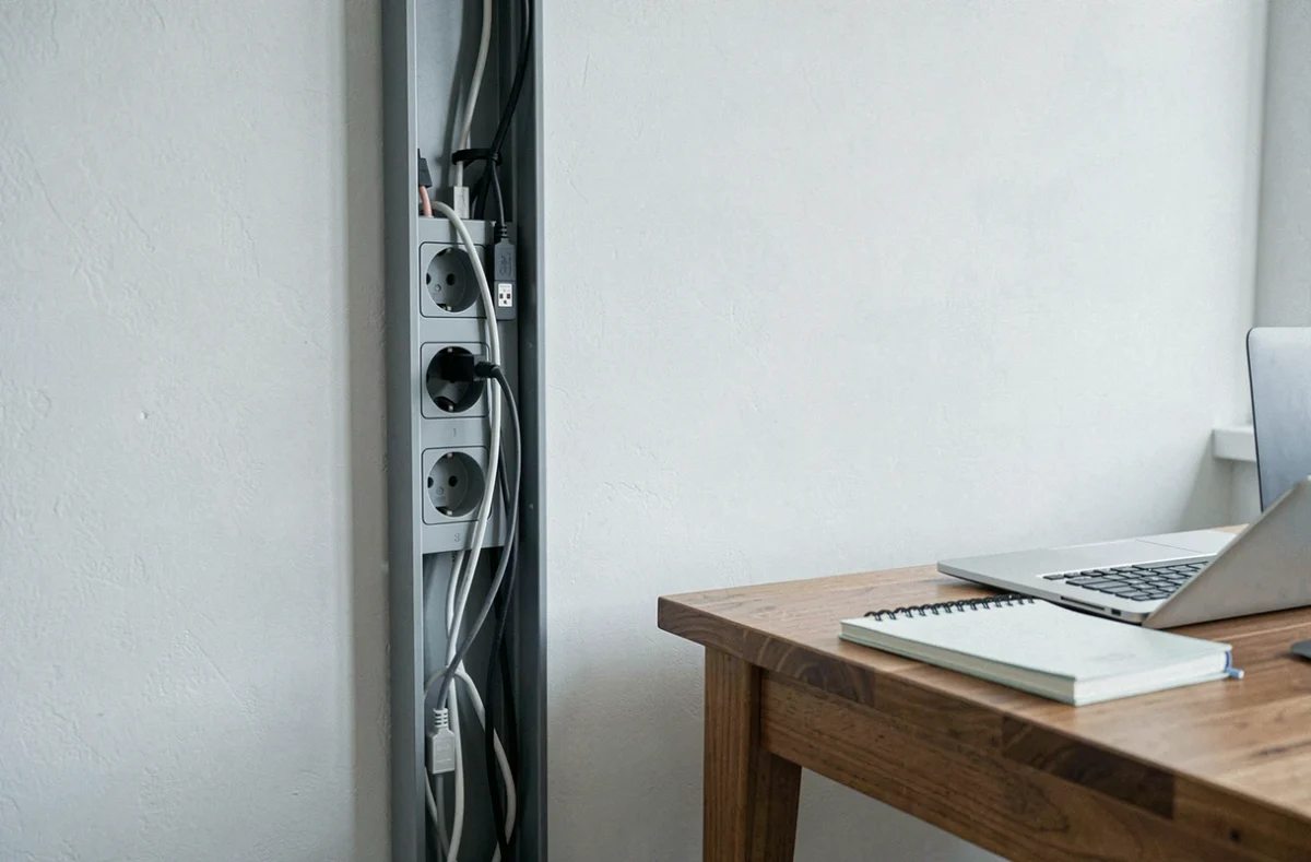 Goulotte grise avec prises intégrées installée verticalement dans un coin de bureau à domicile avec câbles bien organisés et espace de travail ordonné