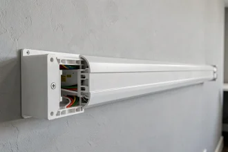 Goulotte PVC blanche avec prise intégrée installée horizontalement sur un mur de bureau moderne, montrant la section transversale des compartiments intérieurs