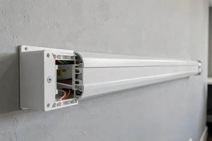 Goulotte PVC blanche avec prise intégrée installée horizontalement sur un mur de bureau moderne, montrant la section transversale des compartiments intérieurs