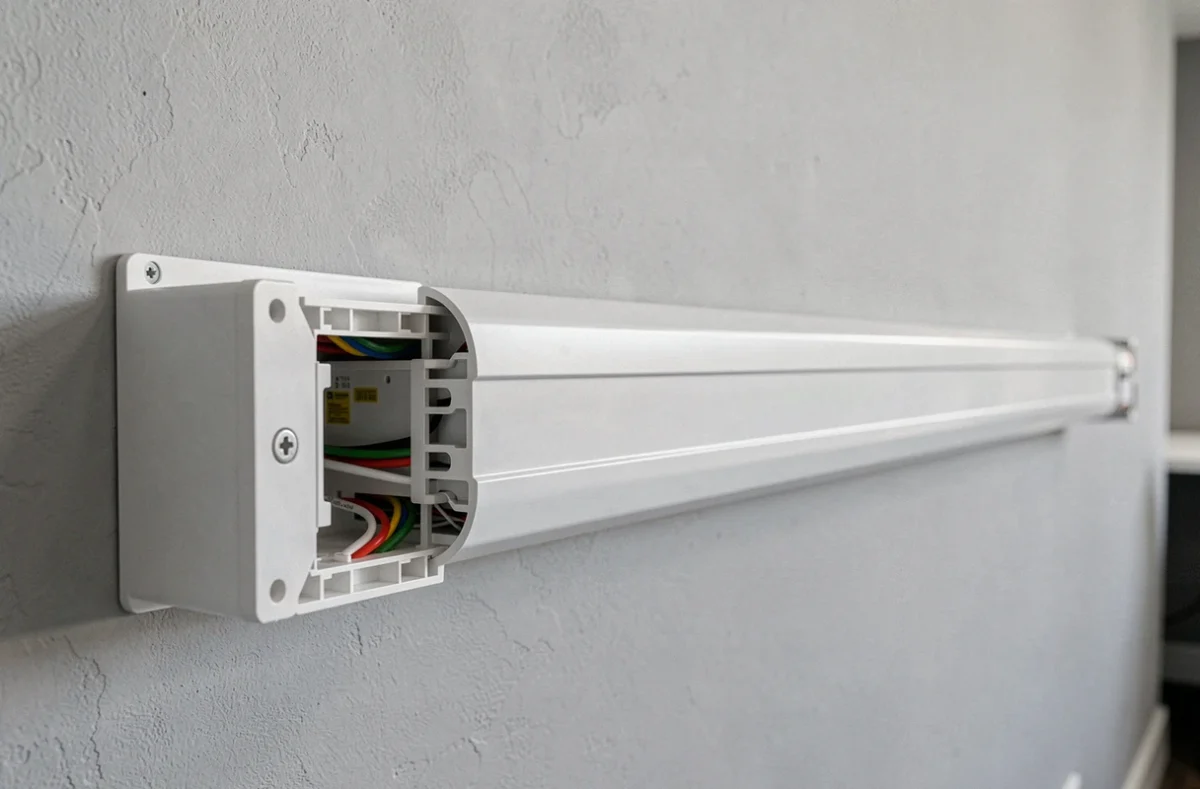 Goulotte PVC blanche avec prise intégrée installée horizontalement sur un mur de bureau moderne, montrant la section transversale des compartiments intérieurs