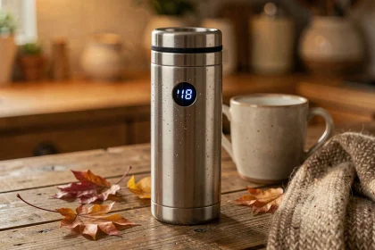 Gourde chauffante isotherme en acier inoxydable avec affichage de température sur un comptoir en bois rustique