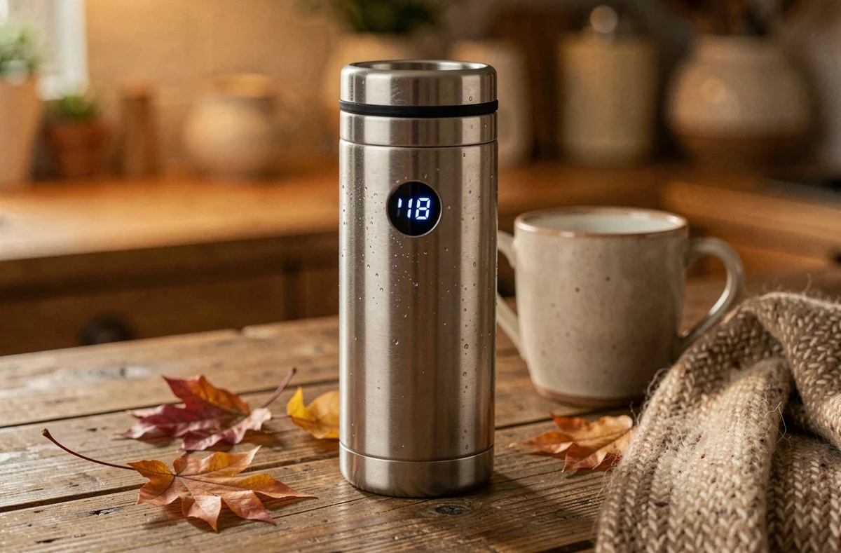 Gourde chauffante isotherme en acier inoxydable avec affichage de température sur un comptoir en bois rustique