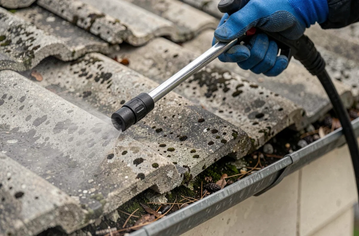 Gros plan de la lance Karcher tenue à bon angle sur des tuiles en béton pour un nettoyage sans endommager l'étanchéité