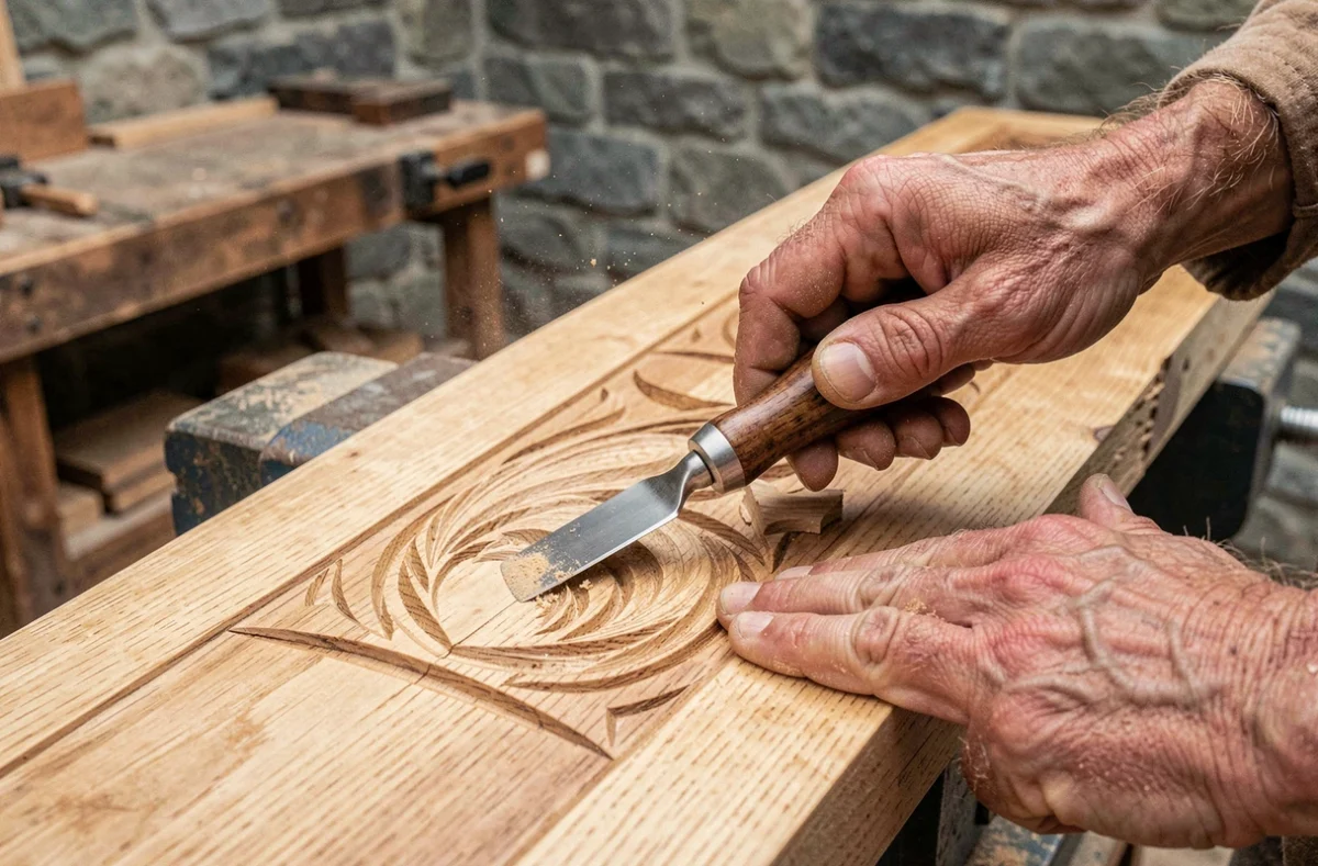 Gros plan sur des mains de sculpteur tenant une gouge à bois ergonomique au manche en noyer lors d'une session de sculpture sur chêne, illustrant le confort et la réduction de fatigue des avant-bras