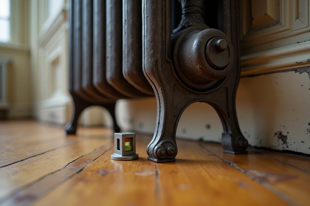 Gros plan sur des pieds en fonte de radiateur posés sur parquet avec niveau à bulle