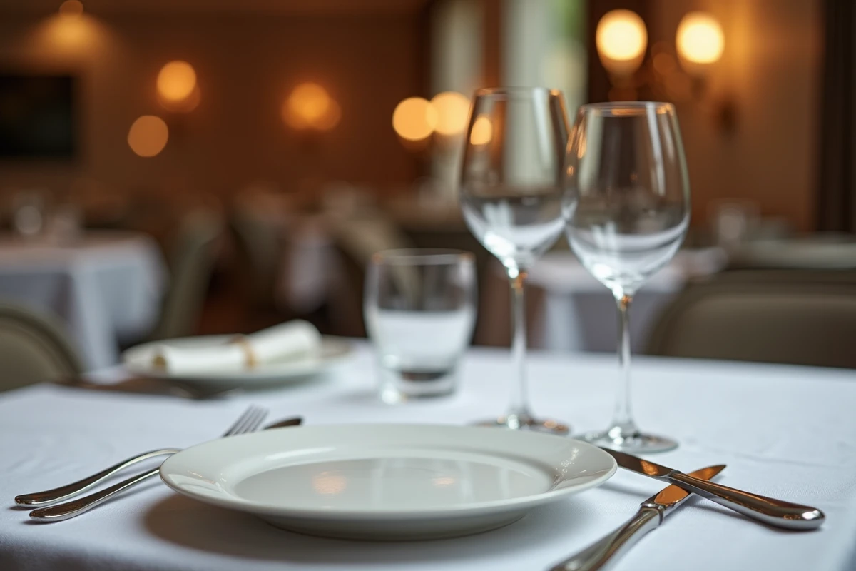Gros plan sur le positionnement correct de deux verres sur une table de restaurant, verre à eau et verre à vin placés selon les règles du service