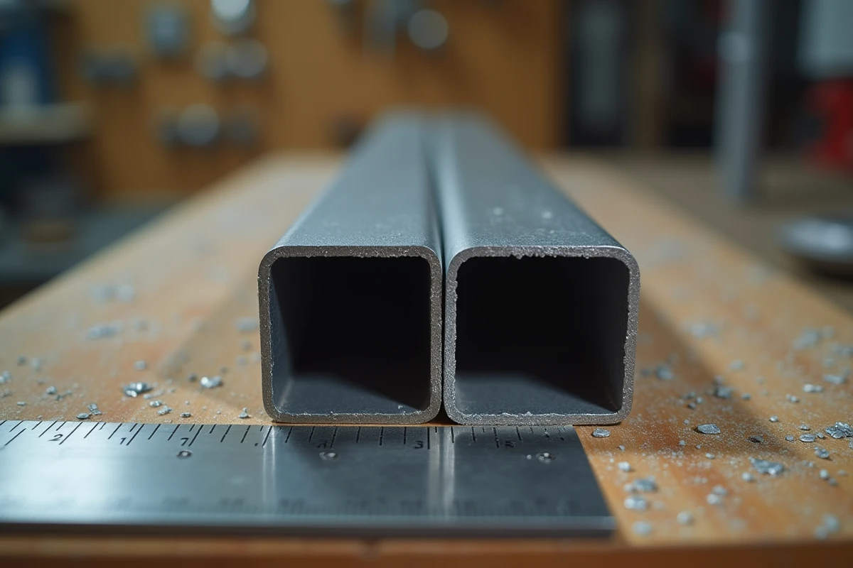 Gros plan sur la texture d'un tube rectangulaire en aluminium brossé et en acier galvanisé posés sur un établi