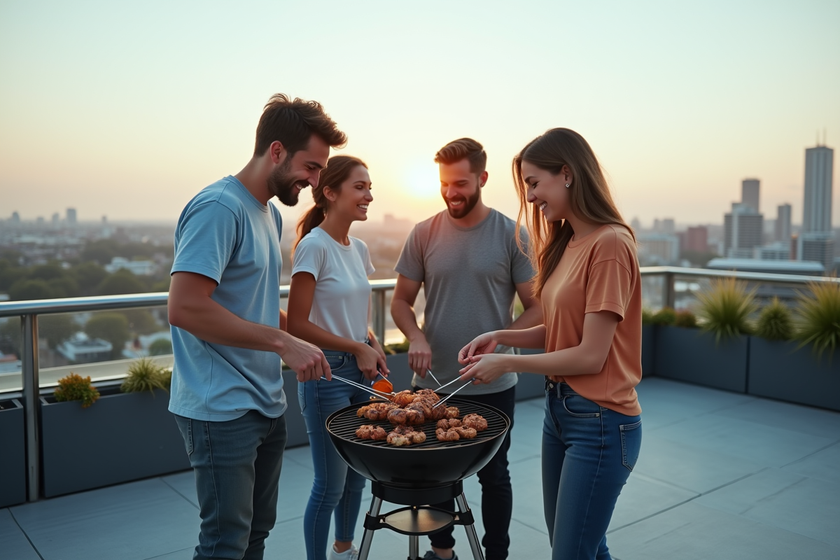 Groupe d'amis autour d'un barbecue sur un toit urbain