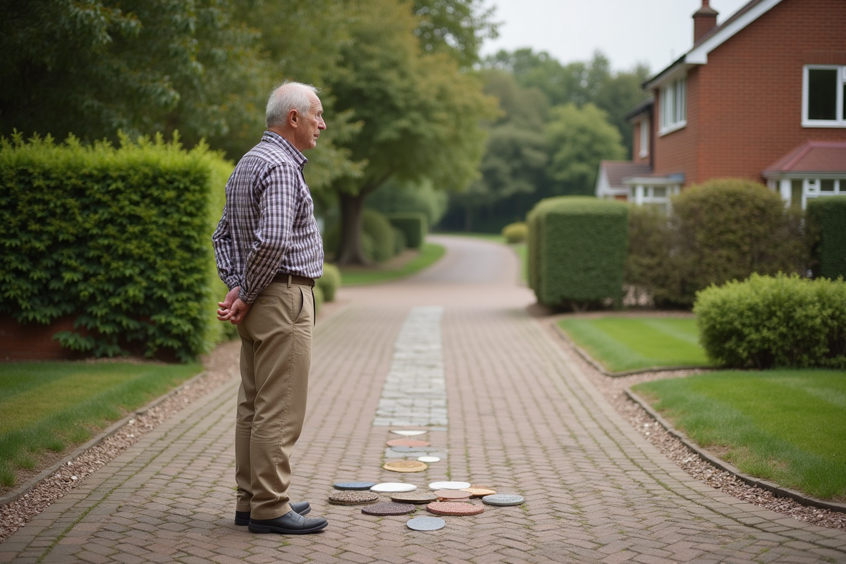 Homme âgé regarde des échantillons de pavage devant une allée