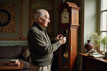 Homme &acirc;g&eacute; polissant une horloge comtoise dans un salon lumineux