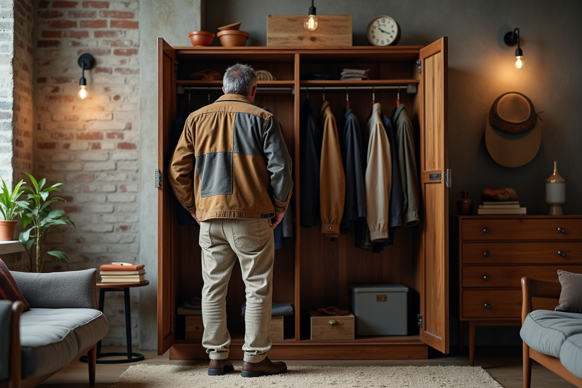 Homme en veste patchwork sortant un manteau d