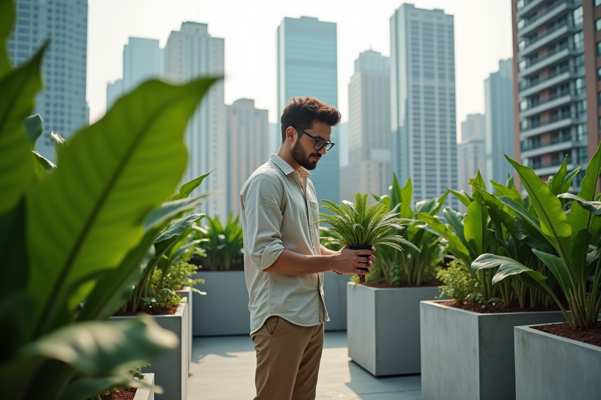 Jeune homme étudiant une plante dans un jardin urbain sur le toit