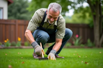 Homme d'âge moyen en tenue de jardinage s'occupant du gazon