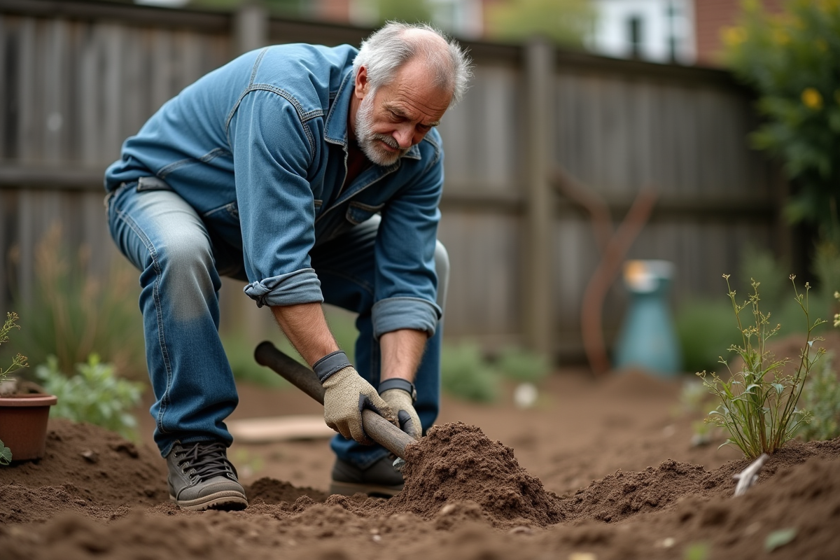 Homme d'âge moyen plantant une pelle dans la terre sèche du jardin