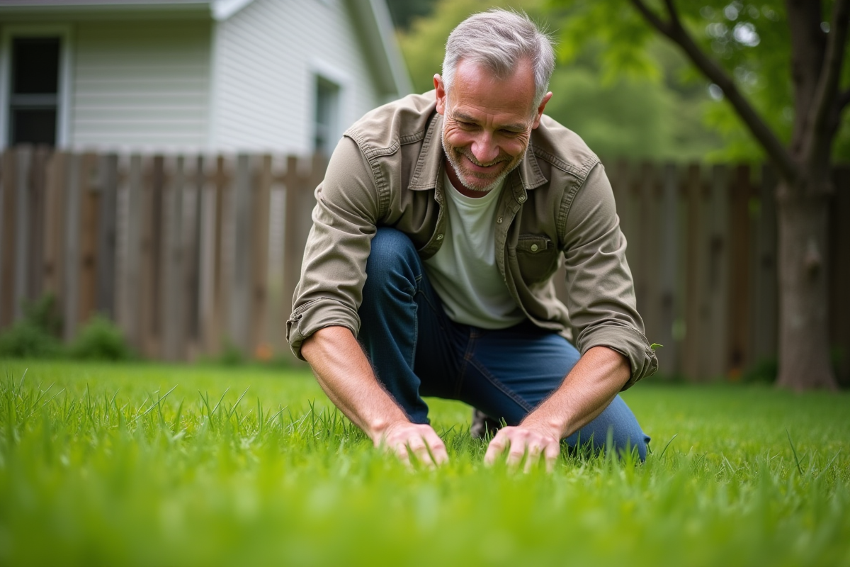 Homme d'âge moyen en vêtements de jardinage dans un jardin résidentiel