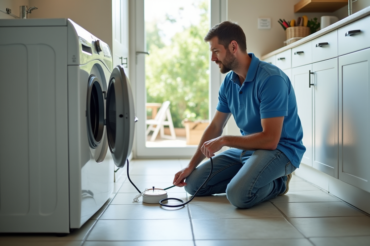 Homme d'âge moyen vérifiant la fiche électrique du lave-linge
