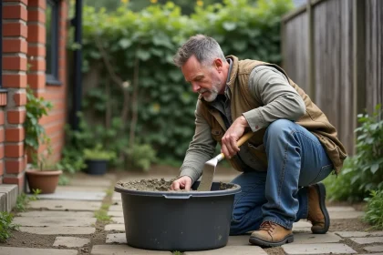 Homme en v&ecirc;tements de travail m&eacute;langeant du mortier dehors