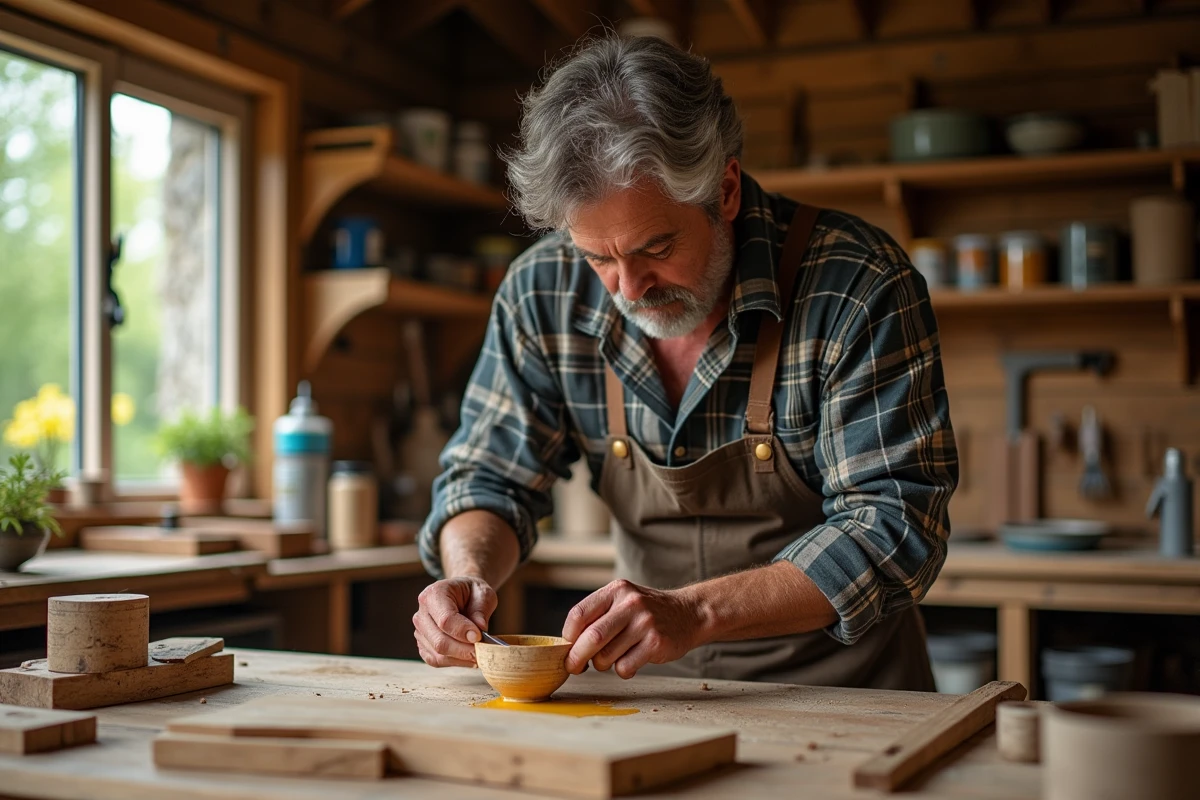 Homme mélangeant pigments dans un atelier rustique