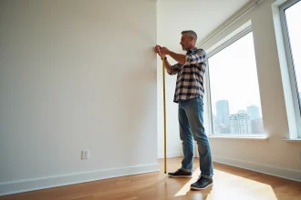 Homme mesurant un salon spacieux dans un appartement moderne