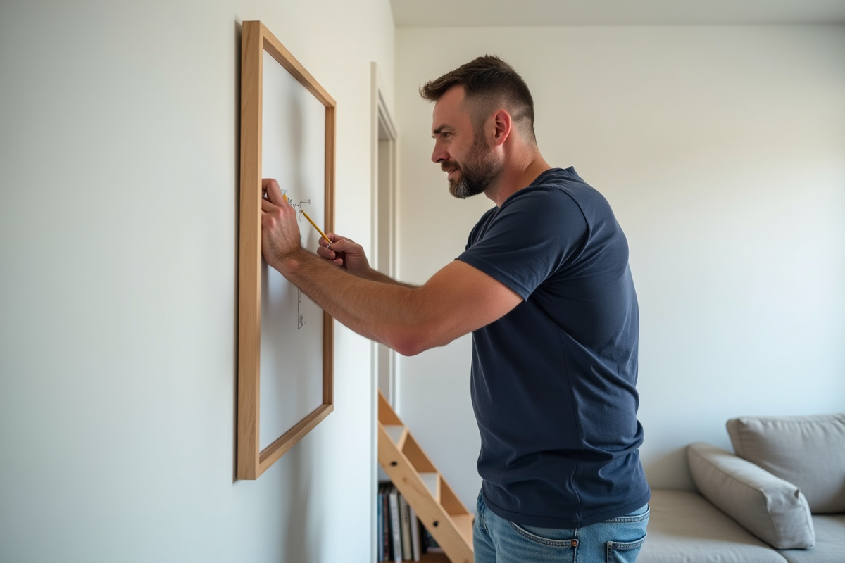 Homme mesurant un cadre dans un salon moderne