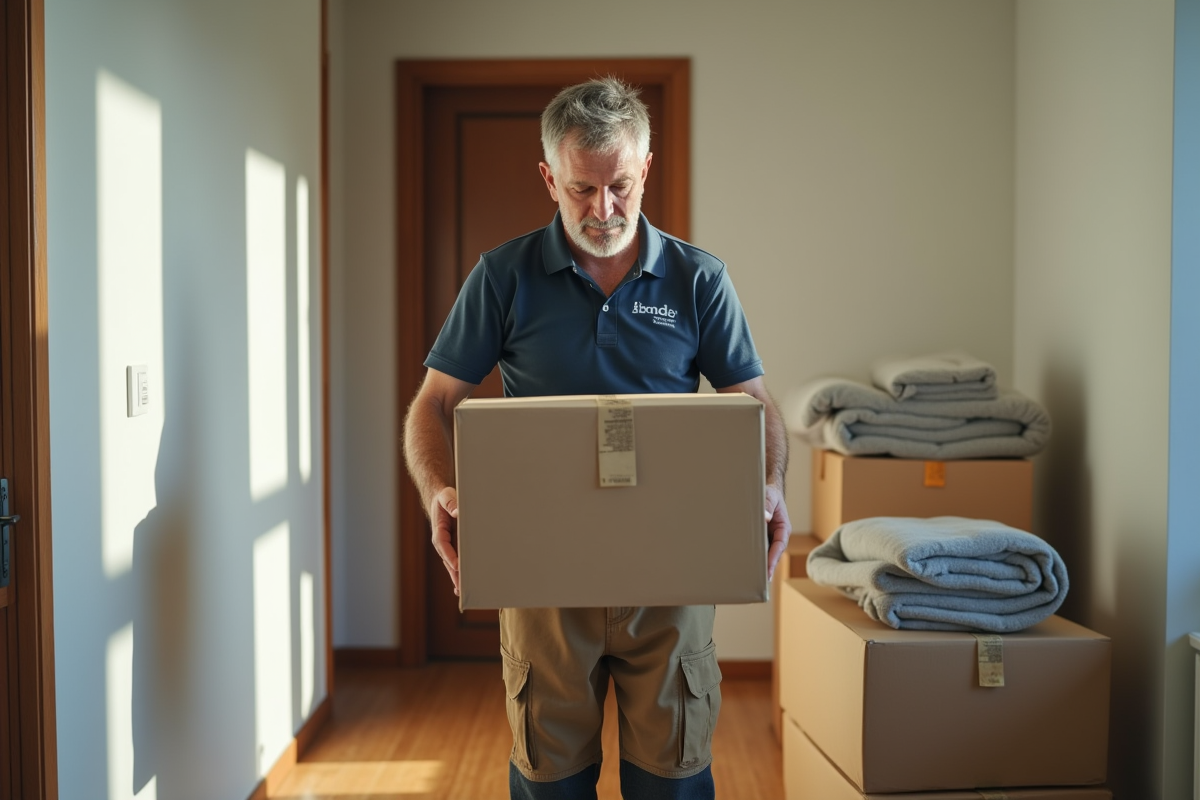 Homme en polo et pantalon solide déplaçant une boîte dans un appartement