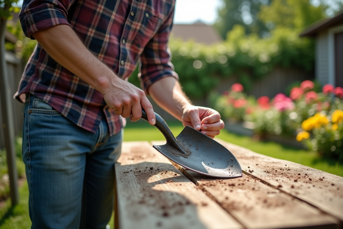 Homme en chemise à carreaux nettoie une pelle de jardin