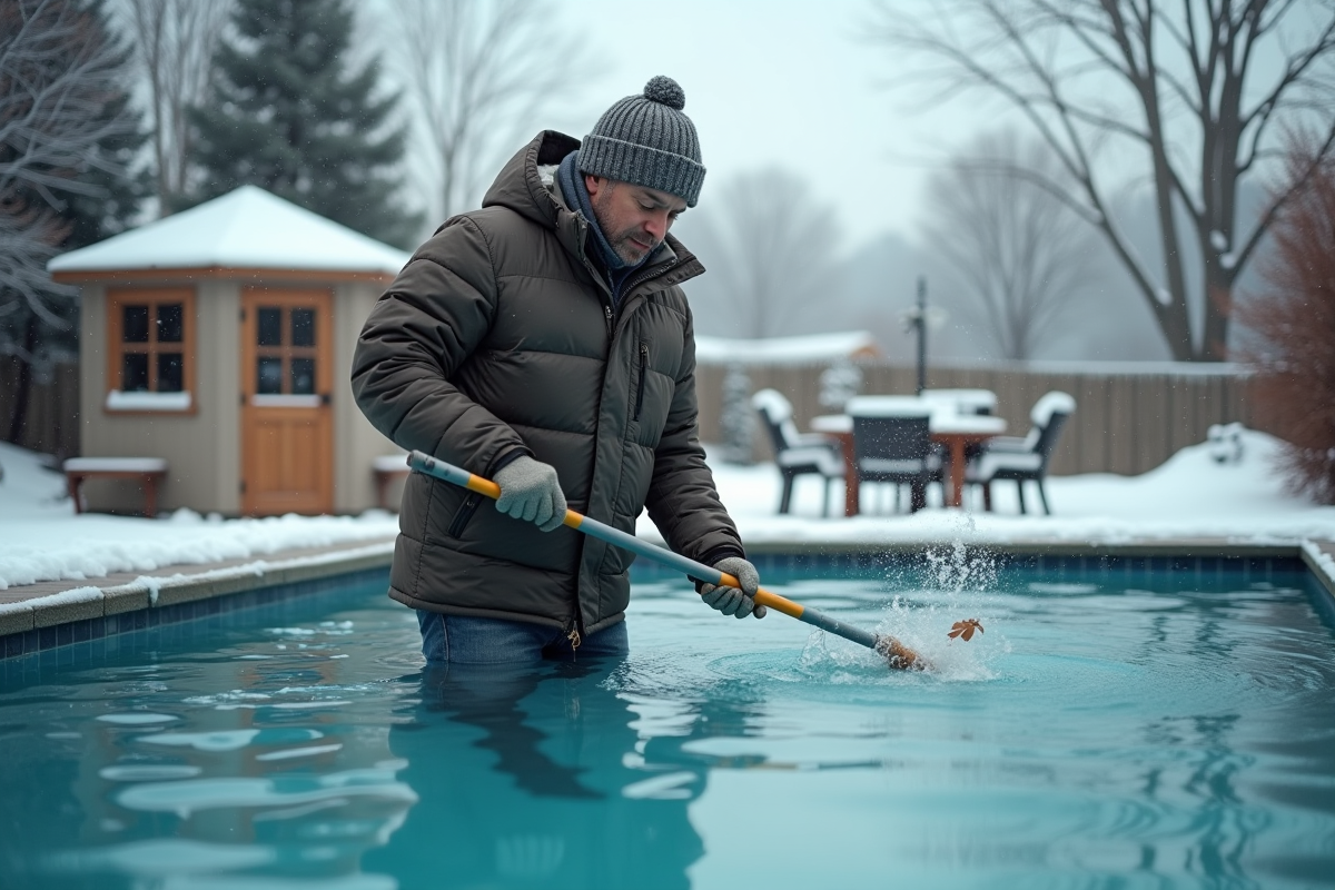 Homme d'âge moyen nettoyant une piscine extérieure en hiver
