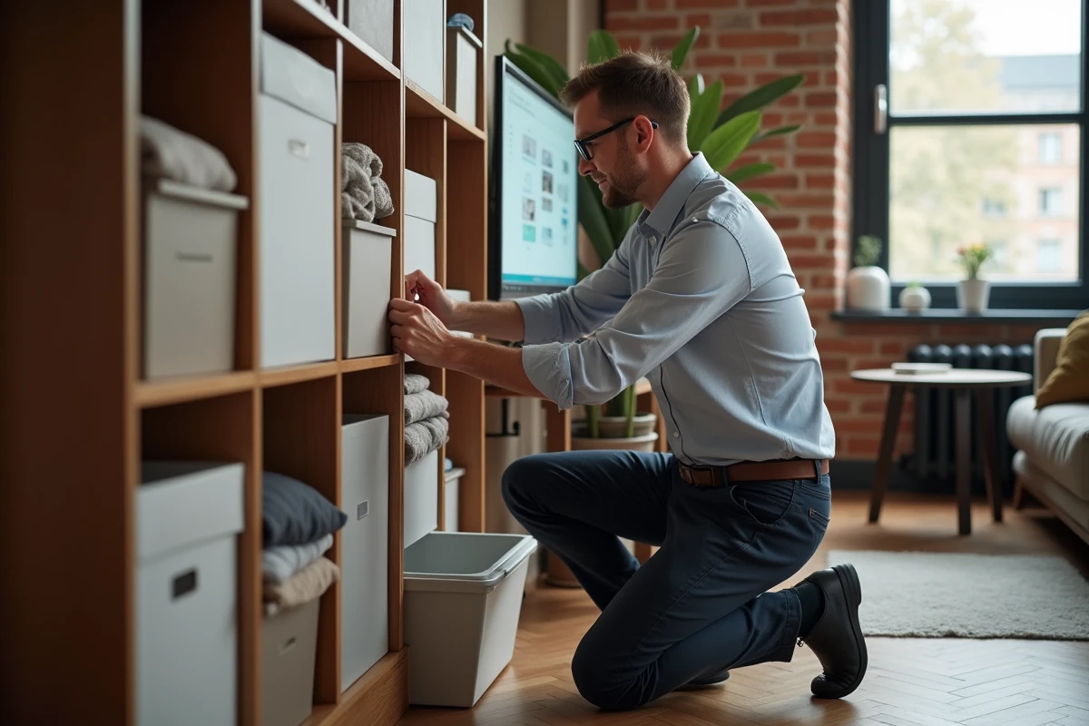Homme arrangeant des boîtes de rangement dans un studio urbain