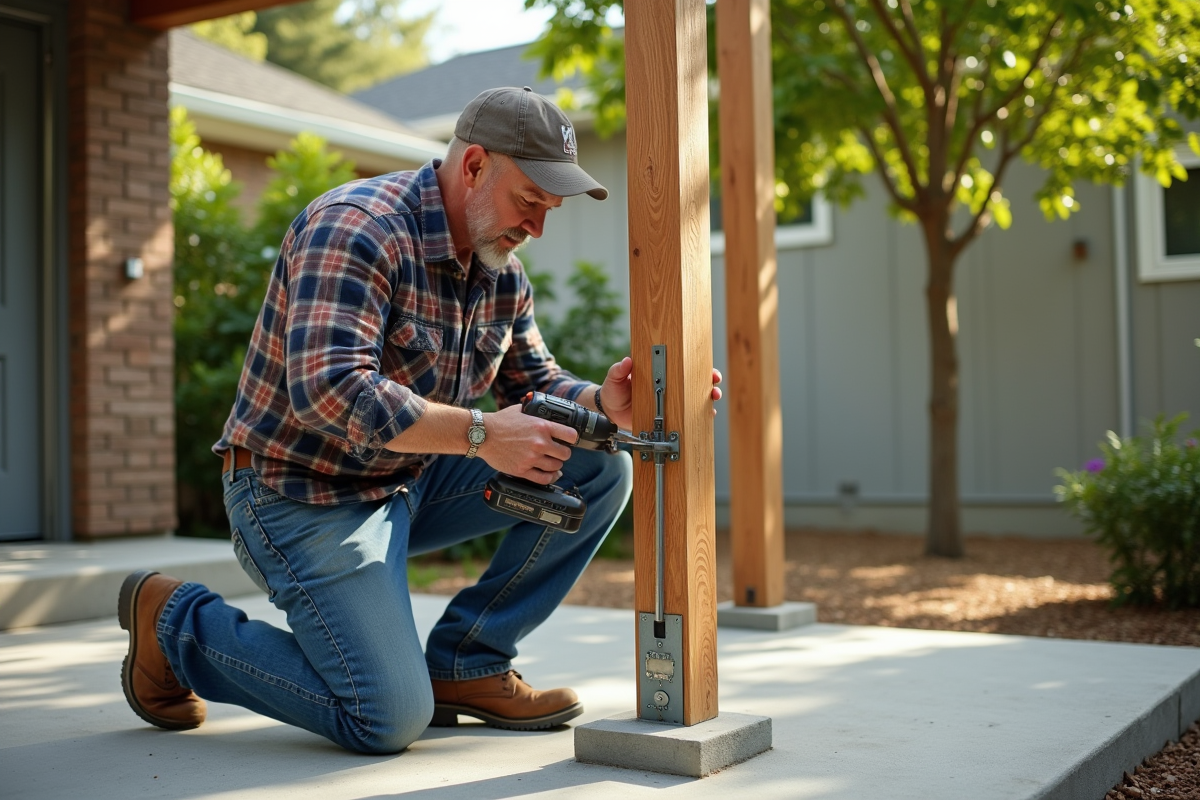 Homme en jeans et chemise à carreaux installe une pergola dans un jardin